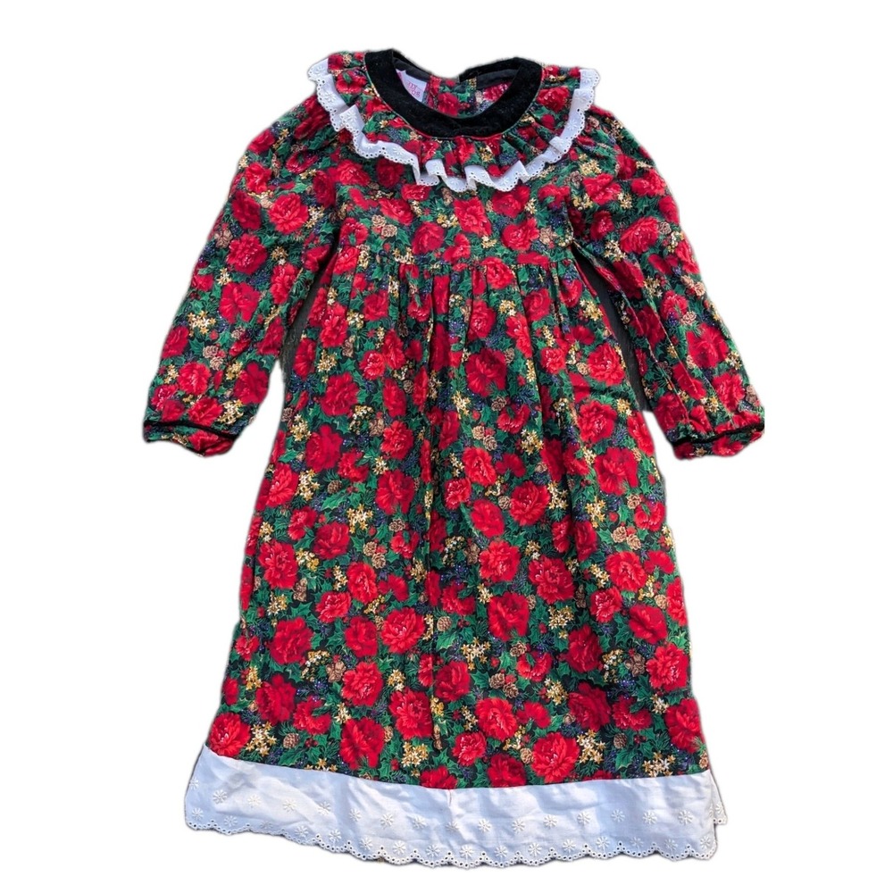 Polly‎ Flinders Floral Dress Girls 4T Modest Long Collared Red Eyelet Christmas